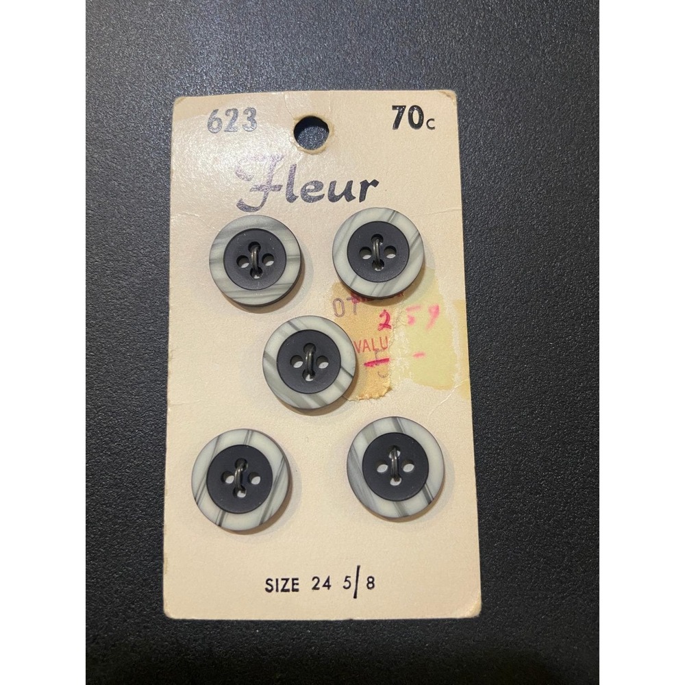 Vintage Fleur 5 Buttons on Card 5/8 Inch Size 24 Gray Swirl Plastic Sewing Craft